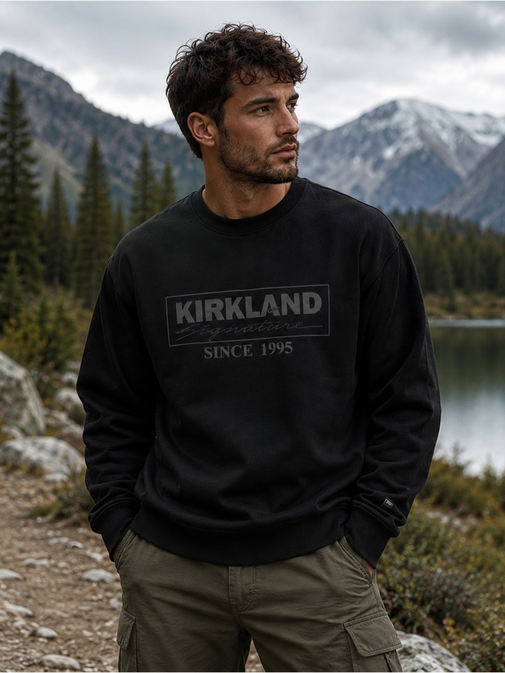 Kirkland Signature Black Crewneck Sweatshirt with Logo Print